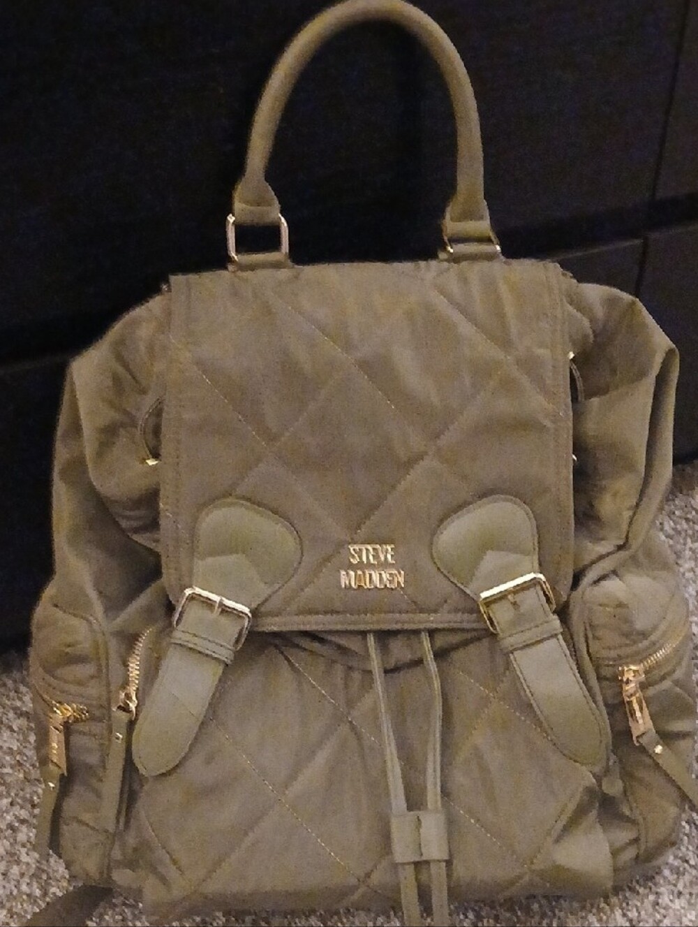 Steve Madden Olive Green Quilted Drawstring Backpack